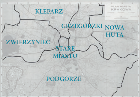 Plan konturowy podziału na dzielnice w latach 1954–1972
według stanu na rok 1958 (po korekcie z 1957 r.) na podkładzie planu
miasta przedstawionego w pełnym kształcie na s. 694