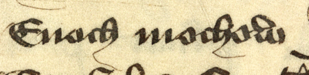 Z Kodeksu Grabowskiego strony 188–189 z kopią notatki sporządzonej przez rajców, wśród nich Enocha z Muchowa,
w sprawie uchwały rady miejskiej z 1382 roku, dotyczącej pożyczki zaciągniętej przez miasto Kraków u Lewka Żyda
3 i 4 sierpnia 1381 roku – oraz powiększenie zapisu imienia (Archiwum Państwowe w Krakowie, sygn. rkps 1447a, s. 188–189)