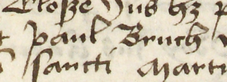 Z księgi przyjęć do prawa miejskiego obejmującej lata 1423−1493 fragment stron 194–195
z wpisem z 1462 roku, zawierającym rekomendację Pawła Brucha, udzielaną wraz z Maciejem Paszkiem,
przy przyjęciu do prawa miejskiego niejakiego Szymona Cloze – oraz powiększenie zapisu imienia
(Archiwum Państwowe w Krakowie, sygn. rkps 1421, s. 194−195)