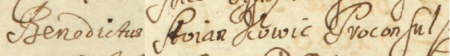 Z akt sądowych wielkorządcy krakowskiego obejmujących lata 1666–1684: fragment wpisu z roku 1680
z nazwiskami rajców urzędujących, z ówczesnym burmistrzem Benedyktem Stojankowiczem na czele, składających przed
sądem oświadczenie w spornej sprawie dotyczącej arendowania miejskich gruntów – oraz zbliżenie zapisu imienia i funkcji
(Archiwum Narodowe w Krakowie, sygn. Teut. 73, s. 772)