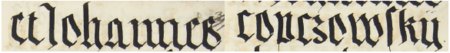 Z księgi radzieckiej Kazimierza obejmującej lata 1481–1508: fragment wpisu dokumentującego
wybór rady urzędującej na rok 1501, z Janem Kopczowskim w składzie – oraz zbliżenie zapisu imienia
(Archiwum Narodowe w Krakowie, sygn. K 7, s. 396–
397)