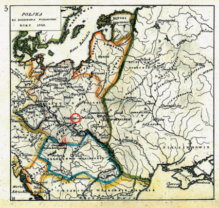 Mapa nr 3
Terytorium ziemi krakowskiej na mapie przedstawiającej państwo polskie w roku śmierci Bolesława
Chrobrego (1025), w granicach dopiero co powstałego po koronacji Bolesława królestwa