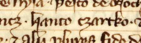 Z „Najstarszej księgi” strona 142 z wpisem z 1340 roku z wykazem rajców świadkujących w sprawie dotyczącej domu
po Hermanie z Raciborza, wśród których znajduje się Jan Czartko – oraz powiększenie zapisu imienia
(Archiwum Państwowe w Krakowie, sygn. rkps 1, s. 142)