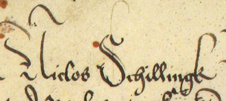 Dokument wydany w 1506 roku w Krakowie, w którym ławnicy miasta Krakowa, a wśród nich Mikołaj Schilling, stwierdzają, że
rajcy krakowscy oddali Kasprowi Berowi (nr 301) grunt pod bramą Wiślną, zwany Żabikruk – oraz powiększenie zapisu imienia
(Archiwum Państwowe w Krakowie, sygn. perg. 402)