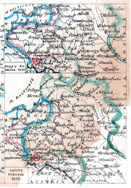 Mapa nr 19 (u góry); mapa nr 20 (na dole) – prawa strona czteromapowej tablicy
w cesarstwie austriackim,
po trzecim rozbiorze (1795) całość ziemi krakowskiej w cesarstwie, po pokoju
w Schönbrunn (1809) ziemia krakowska w granicach Księstwa Warszawskiego, po kongresie
wiedeńskim (1815) ponownie granica na Wiśle, z lewobrzeżnej części ziemi krakowskiej utworzona
Rzeczpospolita Krakowska, prawobrzeżna część w Cesarstwie Austrii