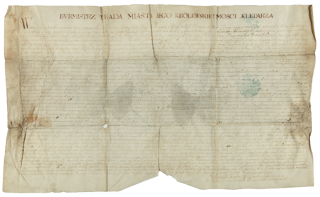 Jeden z typowych aktów stanowienia prawa miejscowego – wydany w 1698 roku w Kleparzu przez burmistrza i radę Miasta Jego Królewskiej
Mości
Kleparza dokument zatwierdzający statuty i artykuły cechu płócienników i barchanników kleparskich, zaczynający się od słów: Wszem
w obec y każdemu z osobna komu o tym wiedzieć należy wiadomo czyniemy jako… (Archiwum Narodowe w Krakowie, sygn. perg. 824)