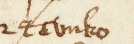 Z najstarszej księgi radzieckiej Kazimierza obejmującej lata 1369–1381: wpis umieszczony pod rokiem 1377,
jednak pochodzenia późniejszego, z lat 1379–1384 – oraz zbliżenie zapisu imienia
(Archiwum Narodowe w Krakowie, sygn. K 1, s. 185)