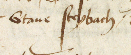 Z księgi przyjęć do prawa miejskiego obejmującej lata 1423–1493 fragmenty stron 212–213 z wpisem z 1466 roku zawierającym
rekomendację Stanisława Steinbacha udzieloną Wincentemu Paselerowi przy przyjmowaniu go do prawa miejskiego –
oraz powiększenie zapisu imienia (Archiwum Państwowe w Krakowie, sygn. rkps 1421, s. 212–213)