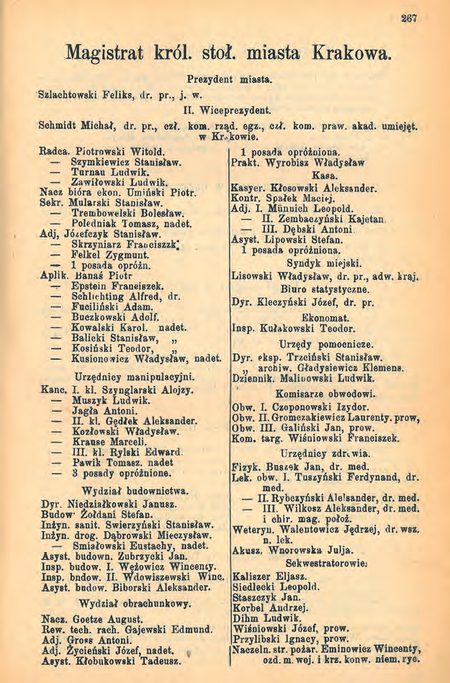 Fragment spisu etatów magistrackich z Szematyzmu Królestwa Galicji i Lodomerii na
rok 1888 – stan na rok 1887; p.o. komisarz Jan Goliński (pomyłka w nazwisku) w połowie
prawej szpalty (Szematyzm 1888, s. 267)