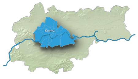 Stan w 1915 roku

Na planie obrazującym dzisiejsze granice Krakowa powierzchnia miasta z roku 1915 (kolor niebieski), po przyłączeniu do Krakowa miasta
Podgórza. Wielki Kraków tworzyły wówczas następujące dzielnice (gminy) katastralne: I. Śródmieście; II. Wawel-Zamek; III. Nowy Świat;
IV. Piasek; V. Kleparz; VI. Wesoła; VII. Stradom; VIII. Kazimierz; IX. Ludwinów; X. Zakrzówek; XI. Dębniki; XII. Półwsie Zwierzynieckie;
XIII. Zwierzyniec; XIV. Czarna Wieś; XV. Nowa Wieś Narodowa; XVI. Łobzów; XVII. Krowodrza; XVIII. Warszawskie (utworzone
z południowych części wsi Prądnik Czerwony i Olsza, które w całości włączone zostały do Krakowa dopiero w 1941 roku); XIX. Grzegórzki;
XX. Dąbie; XXI. Płaszów; XXII. Podgórze. Powierzchnię tę skorygowano w roku 1917 – zakupując dla miasta Las Wolski, w roku 1925 –
włączając w granice miasta obszary dworskie Piaski i Łobzów, oraz w 1926 roku – przyłączając do miasta grunty z gminy Wola Duchacka
w związku z tworzeniem nowego cmentarza izraelickiego.