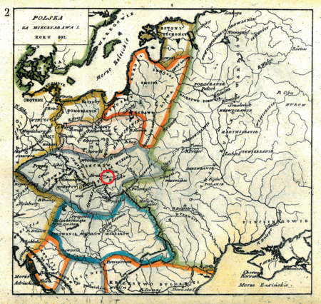 Mapa nr 2
Terytorium ziemi krakowskiej na mapie przedstawiającej państwo Mieszka I, według oryginalnego tytułu w 992 roku – tu mylnie
Kraków i Małopolska jeszcze w granicach państwa czeskiego; Mieszko I przyłączył te ziemie do swojego państwa przed 992 rokiem,
najdalej w roku 990, odbierając Małopolskę po wojnie polsko-czeskiej prowadzonej z księciem czeskim Bolesławem II Pobożnym
(vide podpis pod mapką na s. 170)