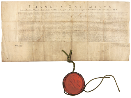 Dokument wydany w 1650 roku w Warszawie, mocą którego Jan Kazimierz zatwierdził dwa akty zawarte przed urzędem wielkorządowym
krakowskim, dotyczące między innymi sprzedaży w 1646 roku przez mieszkańca Dębnik Jana Rybkę na rzecz Pawła
Fryzuekiera za 120 złotych pola dziedzicznego we wsi Dębniki, położonego koło Skotnik, pomiędzy polami oo. paulinów a gruntami
Krzysztofa Wieczorkowskiego; jednocześnie żona Rybki zrzekła się swego wiana i praw zapisanych na tym polu
(Archiwum Narodowe w Krakowie, sygn. perg. 1127)