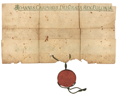 Dokument wydany w 1661 roku w Warszawie przez Jana Kazimierza, potwierdzający akt wydany w 1422 roku w Krakowie,
mocą którego Gniewosz z Dalowic, podstoli krakowski, i Elżbieta z Płaszowa, jego żona, sprzedali kmieciom płaszowskim
wszystkie place z domami za 3 grzywny pod warunkiem płacenia pewnych czynszów rocznych oraz uwolnili ich od pracy
na rzecz właścicieli wsi, z wyjątkiem koszenia jednej łąki; dokument opatrzony w pieczęć większą koronną
(Archiwum Narodowe w Krakowie, sygn. perg. 793)