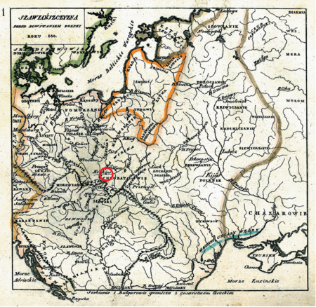 Mapa nr 1
Terytorium ziemi krakowskiej na mapie przedstawiającej Europę Środkową doby plemiennej, w połowie
IX wieku; przyjmuje się, że w IX wieku część ziem zwanych później Małopolską zajmowało plemię Wiślan z głównym grodem
Krakowem – prawdopodobnie popadło ono w drugiej połowie IX wieku w zależność od państwa wielkomorawskiego, następnie od Węgrów
i Czechów (czerwonym okręgiem zaznaczono położenie Krakowa, co dotyczy całej prezentowanej tu kolekcji map Lelewela)