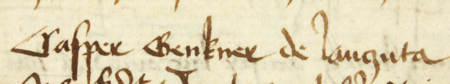 Z księgi przyjęć do prawa miejskiego w Krakowie obejmującej lata 1423–1493 fragment strony 286
z wpisem z 1477 roku stwierdzającym przyjęcie do prawa miejskiego Kaspra Gengnera z Łańcuta –
oraz powiększenie zapisu imienia i miejsca pochodzenia (Archiwum Państwowe w Krakowie, sygn. rkps 1421, s. 286)