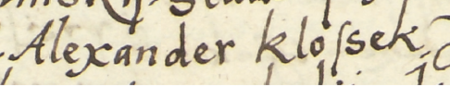 Z księgi radzieckiej Kazimierza obejmującej lata 1565–1569: fragment wpisu dokumentującego
wybór rady urzędującej na rok 1569, z Aleksandrem Kłoskiem w składzie – oraz zbliżenie zapisu imienia
(Archiwum Narodowe w Krakowie, sygn. K 15, s. 911)
