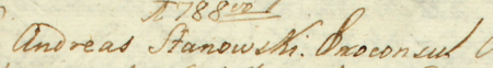 Z księgi radzieckiej Kleparza obejmującej lata 1786–1791: wpis z 1788 roku dotyczący wyboru Wincentego Lewińskiego
(nr 200) na urząd lonera miejskiego w miejsce ustępującego z tego urzędu Onufrego Zamoyskiego (nr 197); wyboru dokonali
rajcowie działający pod przewodnictwem ówczesnego burmistrza Andrzeja Stanowskiego – oraz zbliżenie zapisu
imienia i funkcji (Archiwum Narodowe w Krakowie, sygn. KL 56, s. 208)