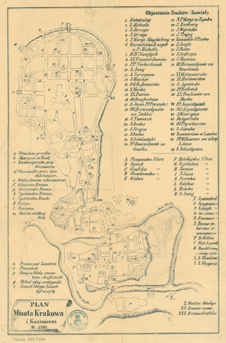 Przerys Planu Miasta Krakowa i Kazimierza pochodzącego z wydanego w 1787 roku dziełka Filipa Lichockiego (od 1794 roku prezydenta Krakowa)
Dyaryusz Przyjazdu Nayjaśnieyszego Stanisława Augusta […] do stołecznego miasta Krakowa – plan sytuacyjny o charakterze przewodnika,
dobrze oddający układ urbanistyczny Kazimierza i Stradomia. Wspomnienia wydarzeń konfederacji barskiej musiały być żywe, skoro pod literą „r”
zaznaczono kanał, którym konfederaci w lutym 1772 roku dostali się na zamek wawelski, opanowując go i broniąc przed wojskami rosyjskimi
przez prawie trzy miesiące (Archiwum Narodowe w Krakowie, sygn. Zb. Kart. II-20)