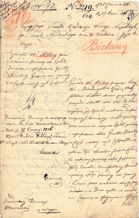 Z akt Komisji Włościańskiej Wolnego Miasta Krakowa (Rzeczypospolitej Krakowskiej) oryginał wniosku skierowanego w 1816 roku
przez gromadę Bielany w imieniu jej włościan bezpośrednio do Senatu Rządzącego (rządu państwa-miasta) w sprawie zamiany
pańszczyzny na świadczenie pieniężne oraz przydzielenie gruntów dworskich w indywidualne użytkowanie za czynszem; Senat
skierował wniosek zgodnie z właściwością do Komisji Włościańskiej Wolnego Miasta Krakowa – proces przemian stosunków
społecznych na galicyjskiej wsi likwidujący formację feudalno-pańszczyźnianą trwał co najmniej do połowy XIX wieku
z koronnym aktem w postaci uwłaszczenia chłopów w 1848 roku
(Archiwum Narodowe w Krakowie, sygn. WMK IX-25, nlb.)