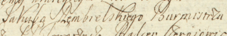 Z księgi radzieckiej Kleparza obejmującej lata 1695–1734: fragment wpisu z 1705 roku,
za kadencji burmistrzowskiej rajcy Jakuba Rembielskiego, potwierdzającego zatwierdzenie przez radę przedstawionego
przez starszych kleparskiego cechu stelmachów, kołodziejów, stolarzy i bednarzy dokumentu Punkta y Ordinacye
Towarzyskie, ustanawiającego statut cechowy – oraz zbliżenie zapisu imienia i funkcji
(Archiwum Narodowe w Krakowie, sygn. KL 33, s. 235)