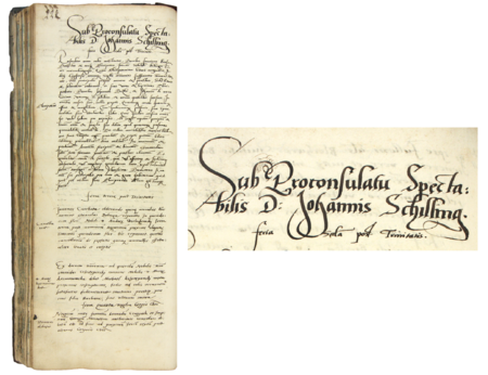 Z księgi radzieckiej obejmującej lata 1538–1540 strona 222 z nagłówkiem wpisów spraw
za kadencji burmistrzowskiej Jana Schillinga w 1539 roku – oraz powiększenie zapisu imienia i funkcji burmistrza
(Archiwum Państwowe w Krakowie, sygn. rkps 437, s. 222)