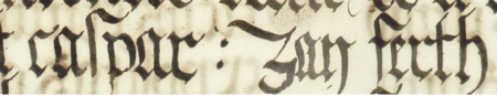 Z księgi radzieckiej Kazimierza obejmującej lata 1509–1533: fragment wpisu
dokumentującego wybór rady urzędującej na rok 1514, z Kasprem Zajfertem w składzie –
zbliżenie zapisu imienia (Archiwum Narodowe w Krakowie, sygn. K 8, s. 325)