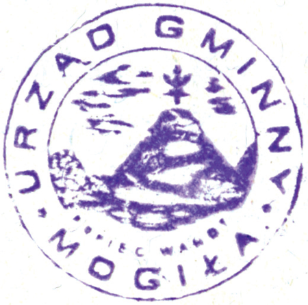 (1925)
Odciski pieczęci urzędowych Mogiły z lat
1847, 1859 i 1925 oraz odcisk pieczęci mogilskiego
obszaru dworskiego z 1889 roku
(Archiwum Narodowe w Krakowie,
sygn. WMK IX-45, nlb.;
sygn. 29/456/167, nlb.; sygn. PUZKr 53, nlb.;
sygn. K. Krak. op. 31, s. 1301)