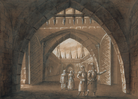 (313) Teodora Stachowicza Brama Floryańska przed zburzeniem murów – niedatowany gwasz ukazujący widok z Bramy Floriańskiej w kierunku
Barbakanu, który wówczas był połączony z bramą obronną „szyją”. To było reprezentacyjne miejsce wjazdu do miasta, tędy przebiegała Droga Królewska,
mająca początek na Kleparzu u św. Floriana. Tu, w Barbakanie, przez setki lat, do XX w. włącznie, witano znamienitych gości, czasem wręczając
im klucze od bram miasta – symbolicznie do tych właśnie bram, a w tym miejscu było ich podobno przed zburzeniem murów (w tym wspomnianej „szyi”)
aż siedem (ANK, sygn. 29/671/ 295)