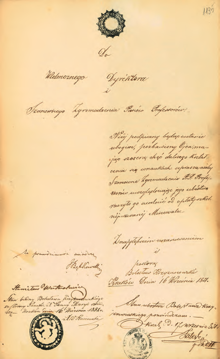 Ze zbioru zaświadczeń szkolnych i metryk uczniów dokument wystawiony w 1851 r.,
poświadczony przez p.o. komisarza Ludwika Zalewskiego
(Archiwum Narodowe w Krakowie, sygn. 29-482-205, s. 331)