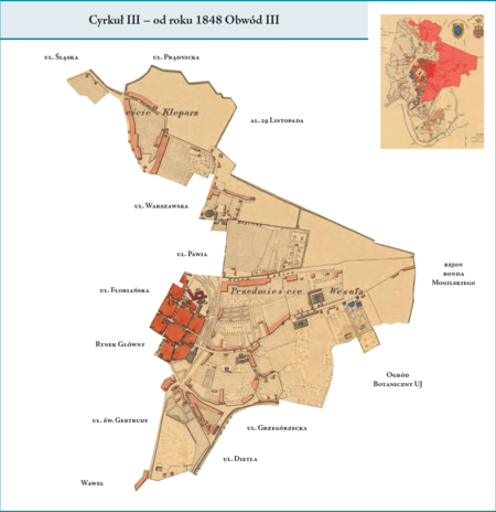 Cyrkuł III (od 1848 r. Obwód III) według stanu z końca roku 1838 na przywołanym wcześniej planie miasta z 1836 r. –
dzielnica administracyjna w północno-wschodniej i wschodniej części miasta. Swoją powierzchnią obejmowała północno-
-wschodni fragment najstarszej części miasta w obrębie Plant, od ul. Floriańskiej po Gródek, północną część Przedmieścia
Kleparz z dawnymi jurydykami Błonie, Szlak i św. Floriana oraz Przedmieście Wesoła, od ulic Pawiej i Lubicz po granice
z Przedmieściem Stradom. Ten cyrkuł–obwód powstał z połączenia dwóch dawnych gmin miejskich Rzeczypospolitej
Krakowskiej, tj. Gminy V i Gminy VIII (por. rozdział poprzedni). Użyte tutaj i przy powyższym planie dzielnicy nazwy
terenowe podano według nazewnictwa obowiązującego aktualnie.