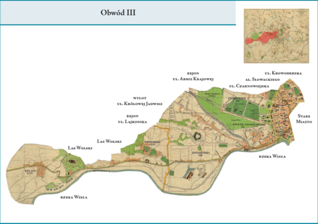 Obwód III według stanu z roku 1941 na przywołanym wcześniej planie miasta z 1943 r. – dzielnica administracyjna obejmująca
swoją powierzchnią w całości tereny dzielnic katastralnych III–Nowy Świat, IV–Piasek, XII–Półwsie Zwierzynieckie,
XIII–Zwierzyniec, XIV–Czarna Wieś, XXXI–Przegorzały i XXXII–Bielany. Obwód ten w istocie był odpowiednikiem
Obwodu III z poprzedniego podziału, jednak dodano tereny Przegorzał i Bielan, przyłączone do miasta w 1941 r.
Użyte przy powyższym planie dzielnicy nazwy terenowe podano według nazewnictwa obowiązującego aktualnie.