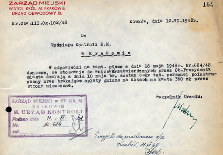 Z magistrackich Akt kontroli miejskich urzędów obwodowych
w Krakowie 1946–1950 wewnątrzurzędowe pismo sporządzone w 1948 r.
przez naczelnika Olgierda Niedziałkowskiego
(Archiwum Narodowe w Krakowie, sygn. 29-699-683, nlb)
