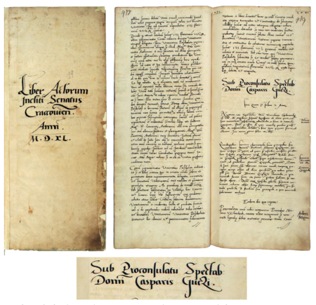 Z księgi radzieckiej obejmującej lata 1540–1542 strony tytułowa i 478–479 z nagłówkiem otwierającym wpisy spraw
dziejących się za urzędowania burmistrza Kaspra Gucciego w 1541 roku – oraz powiększenie zapisu imienia i funkcji burmistrza
(Archiwum Państwowe w Krakowie, sygn. rkps 438, s. 1, 478–479)