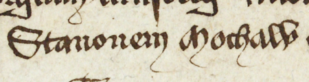 Z księgi miejskiej rachunkowej zawierającej wpisy z lat 1395–1399 strona 225 z wpisem otwierającym rejestr wydatków
i dochodów z 1399 roku, gdzie zostali wymienieni urzędujący ówcześnie rajcy, wśród których znajduje się Stanisław
z Muchowa – oraz powiększenie zapisu imienia (Archiwum Państwowe w Krakowie, sygn. rkps 1589, s. 225)