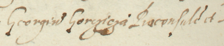 Z akt sądowych wielkorządcy krakowskiego obejmujących lata 1584–1591: fragment wpisu z 1588 roku zawierającego
wniosek Kleparza, reprezentowanego między innymi przez ówczesnego burmistrza Jerzego Gorczycę, o przedłużenie terminu
procesowego w nieokreślonej bliżej sprawie z miastem Krakowem – zbliżenie zapisu imienia i funkcji
(Archiwum Narodowe w Krakowie, sygn. Teut. 68, s. 486)
