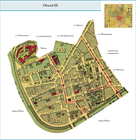 Obwód III według stanu z listopada 1928 r. na przywołanym wcześniej planie miasta z 1934 r. – w granicę dzielnicy administracyjnej,
którą stanowił Obwód III, wchodziły tereny dzielnicy katastralnej II–Wawel, zasadnicza część dzielnicy katastralnej VII–Stradom oraz
dzielnica katastralna VIII–Kazimierz. Od strony zachodniej, północnej i północno-wschodniej Obwód III okalała – od Wawelu po
most kolejowy – rzeka Wisła. Północną granicę wytyczały fragmenty ulic Podzamcze, św. Gertrudy, św. Sebastiana i Dietla. Od wschodu
granica przybliżała się do nasypu kolejowego linii do Płaszowa, biegnąc m.in. ul. Halicką. Użyte przy powyższym planie dzielnicy nazwy
terenowe podano według nazewnictwa obowiązującego aktualnie.