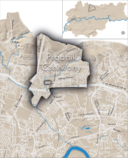 Orientacyjna lokalizacja dawnej wsi Prądnik Czerwony w obecnych granicach Krakowa – na planie miasta
oznaczono jej położenie w kształcie wyznaczonym granicami jednostki katastralnej, jaką stanowiła, ze wskazaniem
najstarszego, historycznego centrum Prądnika Czerwonego w rejonie dzisiejszej ulicy Dobrego Pasterza