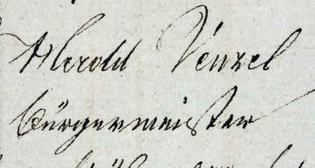 Z akt kasowych Podgórza obejmujących lata 1844–1848: zestawienie poborów wypłaconych Wacławowi Heroldowi z racji
pełnienia urzędu burmistrzowskiego – oraz zbliżenie zapisu imienia i urzędu (Archiwum Narodowe w Krakowie,
sygn. P 451, s. 5)