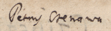 Z Liber inscriptionum… klasztoru oo. Augustianów w Kazimierzu: fragment dokonanego w roku 1681 wpisu przywołującego
wydany w 1437 roku dokument, w którym rajcowie kazimierscy, wśród nich Piotr Czenawa, stwierdzili, że Wawrzyniec
rybak zwany Śmiech odstąpił Przecławowi (nr 107) ogród z domem rajcy – zbliżenie zapisu imienia
(Biblioteka Naukowa PAU/PAN, sygn. rkps 1676, s. 308)