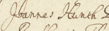 Z księgi grodzkiej krakowskiej obejmującej lata 1647–1648: fragment wpisu z 1647 roku stanowiącego oblatę aktu wydanego
przez Władysława IV Wazę w Warszawie w 1646 roku potwierdzenia statutu cechu kleparskich kowali i ślusarzy,
z przywołaniem zatwierdzenia tego statutu z roku 1490 przez rajców kleparskich, z Janem Hunthem w składzie –
zbliżenie zapisu imienia (Archiwum Narodowe w Krakowie, sygn. CCR 74, s. 1492)
