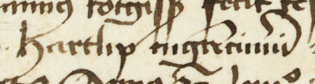 Z księgi testamentów obejmującej zapisy z lat 1427–1623 strony 32–33 z wpisem testamentu sporządzonego w 1454 roku
przez Hannusa Rotgissera w obecności przysłanych do niego burmistrza Hartliba Parchwicza i Konrada Langa (nr 230) –
oraz powiększenie zapisu imienia i funkcji burmistrza (Archiwum Państwowe w Krakowie, sygn. rkps 772, s. 32–33)