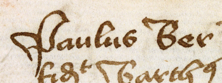 Z księgi przyjęć do prawa miejskiego w Krakowie obejmującej lata 1423–1493 strony 128–129 z wpisem stwierdzającym
przyjęcie przez Pawła Bera prawa miejskiego w Krakowie w 1446 roku – oraz powiększenie zapisu imienia
(Archiwum Państwowe w Krakowie, sygn. rkps 1421, s. 128–129)