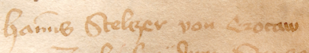 Z księgi ławniczej lwowskiej obejmującej zapisy z lat 1441–1448 strony 354–355 z wpisem z 1446 roku, dotyczącym
sporu między Janem Stelczerem a Janke Snejderem – oraz powiększenie zapisu imienia i obywatelstwa
(Centralne Państwowe Archiwum Historyczne Ukrainy we Lwowie, sygn. fond 52, op. 2, spr. 221, s. 354–355, nr 1781)