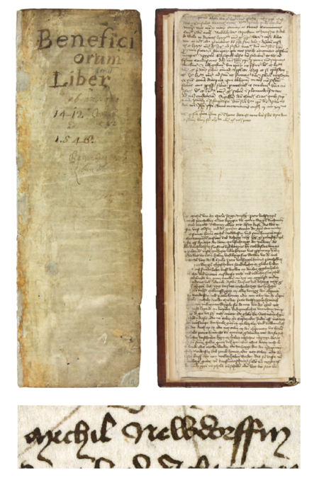 Z księgi sprzedaży czynszów miejskich zawierającej wpisy z lat 1412–1415 strony tytułowa i 6 z wpisem z 1412 roku,
dotyczącym zobowiązania rajców miejskich do zwrotu Michałowi Neudorffowi i Pawłowi Homanowi (nr 169) długu pieniężnego,
który rada zaciągnęła u nich na polecenie i w imieniu Władysława Jagiełły – oraz powiększenie zapisu imienia
(Archiwum Państwowe w Krakowie, sygn. rkps 1358, s. tytułowa, s. 6)