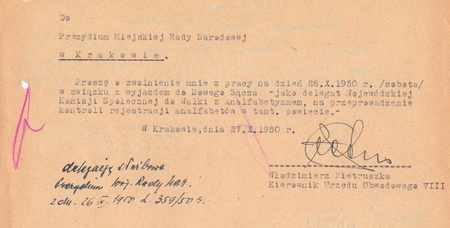 Z akt magistrackich przedłożony w 1950 r. wniosek kierownika Stanisława Pietruszki
o udzielenie jednodniowego urlopu
(Archiwum Zakładowe Urzędu Miasta Krakowa)