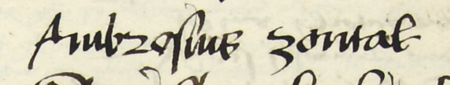 Z księgi radzieckiej Kazimierza obejmującej lata 1481–1508: fragment wpisu dokumentującego
wybór rady urzędującej na rok 1482, z Ambrożym Zontagiem w składzie – oraz zbliżenie zapisu imienia
(Archiwum Narodowe w Krakowie, sygn. K 7, s. 15)