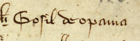 Z księgi ławniczej obejmującej lata 1365–1376 strony 124–125 z wpisem z 1371 roku, dotyczącym przekazania
przez Goslina z Opawy domu murowanego, położonego za jatką przy ul. Rzeźniczej, naprzeciw źródła, niejakiemu
Janowi Swewo i jego spadkobiercom – oraz powiększenie zapisu imienia
(Archiwum Państwowe w Krakowie, sygn. rkps 2, s. 124–125)