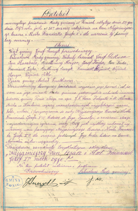 Z księgi uchwał gminy Tonie protokół z uroczystego posiedzenia rady gminnej zwołanej w 1898 roku
z okazji pięćdziesiątej rocznicy wstąpienia na tron cesarza Franciszka Józefa I
(Archiwum Narodowe w Krakowie, sygn. 29/121/207, s. 145)