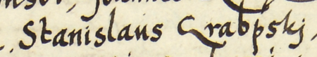 Z księgi radzieckiej Kazimierza obejmującej lata 1569–1573: fragment wpisu dokumentującego
wybór rady urzędującej na rok 1570, ze Stanisławem Grabskim w składzie – oraz zbliżenie zapisu imienia
(Archiwum Narodowe w Krakowie, sygn. K 16, s. 429)