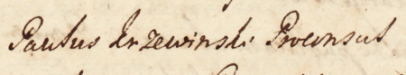 Z księgi radzieckiej Kazimierza obejmującej lata 1743–1752: dokonany w 1751 roku wpis otwierający
czynności urzędu radzieckiego, reprezentowanego przez burmistrza Pawła Krzewińskiego – zbliżenie zapisu imienia i funkcji
(Archiwum Narodowe w Krakowie, sygn. K 48, s. 364)